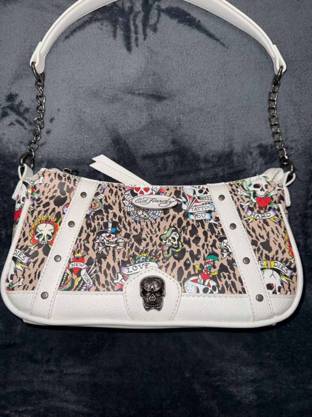 Ed Hardy White and Leopard Print Shoulder Bag with Tattoo Graphics - Picture 2 of 5